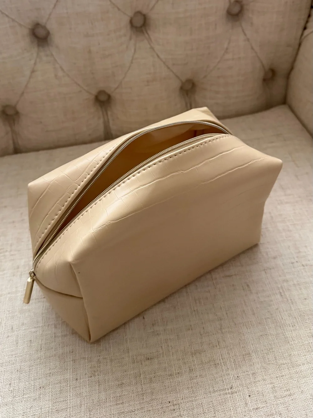 Croc-Embossed Beige Cosmetic Pouch